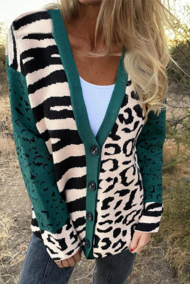 Green Animal Print Buttons Cardigan