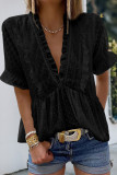 Black Ruffled V Neck Frill Hem Swiss Dot Blouse