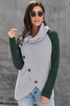 Green Button Turtle Cowl Neck Asymmetric Hem Wrap Pullover Sweater