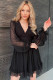 Black V Neck Lantern Sleeve Swiss Dot Mini Dress