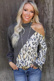 Leopard Color Block Cold Shoulder Turtleneck Top