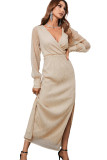 Apricot Side Split Rhinestone V Neck Maxi Dress
