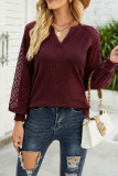 Lace Crochet Sleeves V Neck Waffle Knit Top