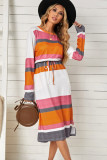 Red Multicolor Block Drawstring Waist Long Sleeve Midi Dress