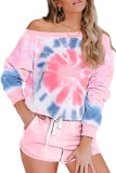 Pink Tie Dye Printed Long Sleeve Tops and Shorts Pajamas Set