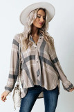 Khaki High Low Brushed Plaid Oversize Shirt