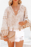 Apricot Pattern Print Drawstring Tassel Puff Sleeve Blouse