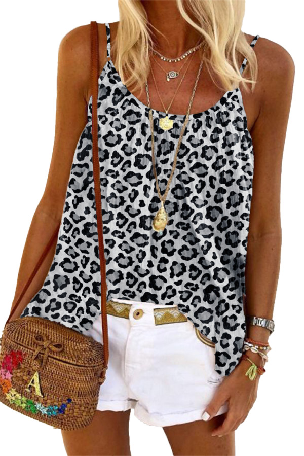 Leopard Print Spaghetti Strap Pleated Flowing Tank Top