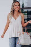 Beige Knitted Ruffled Spaghetti Strap V Neck Tank Top