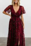 Burgundy Embossed Wrap V Neck Maxi Dress