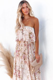 Beige Strapless Floral Print Maxi Dress