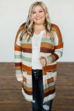 Stripe Print Open Front Plus Size Cardigan with Pocket