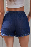Dark Blue Casual Pocketed Frayed Denim Shorts