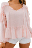 Pink Textured Dotted Ruffle Puffy Sleeve Peplum Blouse