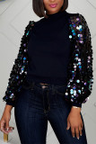 Dark Blue Sequin Puff Long Sleeves Top