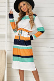 Green Multicolor Block Drawstring Waist Long Sleeve Midi Dress