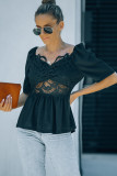 Black Lace Appliqué Hollow-out Puff Sleeve Peplum Top