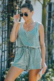 Green Vintage Washed Drawstring Waist Sleeveless Romper