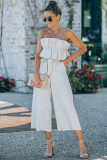 Beige Ruffled Strapless Wide Leg Jumpsuit