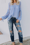 Sky Blue Fashion Lantern-Sleeve Lace Patchwork Top