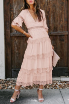 Pink Swiss Dot Print See-through Lace Patch Layered Long Dress