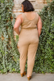 Apricot Ribbed Drawstring Waist Plus Size Sleeveless Jumpsuit