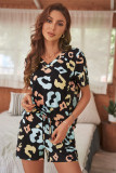 Black Leopard Tee and Drawstring Shorts Lounge Set