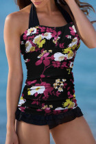 Black Open Back Ruched Halter Top Shorts Tankini Set