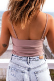 Pink Ruched Spaghetti Strap Sleeveless V Neck Bodysuit