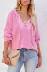 Pink Henley V Neck Hooded Sweater