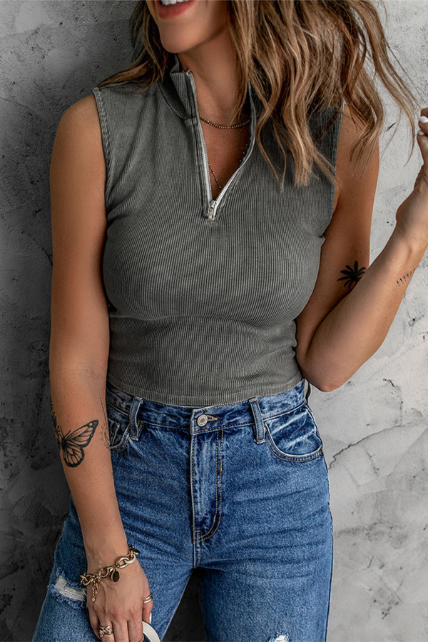 Gray Zip-up Ribbed Cropped Tank Top