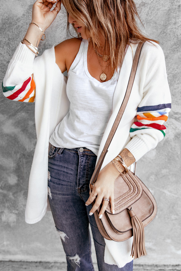 White Striped Balloon Sleeve Cardigan