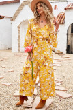 Yellow Floral Print Wide Leg Buttons V Neck Jumpsuit