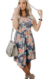 Gray Floral Print Short Sleeve Pleated Mini Dress