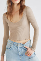 Plain Rib Knit U Neck Frill Long Sleeves Crop Top