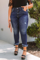 Mid Waist Skinny Raw Hem Distressed Plus Size Jeans