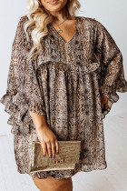 Brown Snake Print Crinkle Plus Size Dress