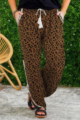 Leopard Side Slit Drawstring Waist Casual Pants