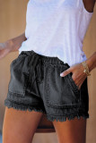 Black Casual Pocketed Frayed Denim Shorts