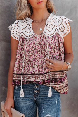 Floral Printed Eyelet Tassel Top