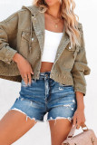 Open Button Pocket Short Length Denim Jacket with Hood