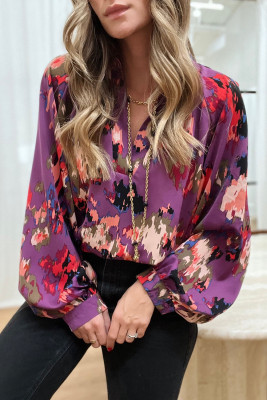 Purple Graffiti Printed V Neck Puff Sleeve Blouse