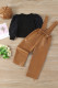 Girl Puffy Sleeves Knit Top with Brown PU Jumpsuit 2pcs Set