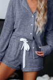Blue Long Sleeve Drawstring Button Loungewear