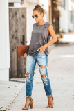 Gray Broken Hole Detail Sleeveless Crew Neck Tank Top