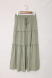 Green Solid Layered Ruffled Drawstring High Waist Maxi Skirt