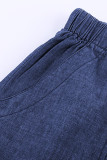 Dark Blue Casual Pocketed Frayed Denim Shorts