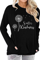 Black Printed Crew Neck With Pockets Long Sleeve Top