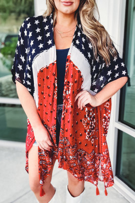 Red American Flag Floral Mixed Print Plus Size Kimono