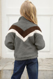 Gray Stripe Color Block Half Zip Girl Fleece Sweatshirt with Pocket